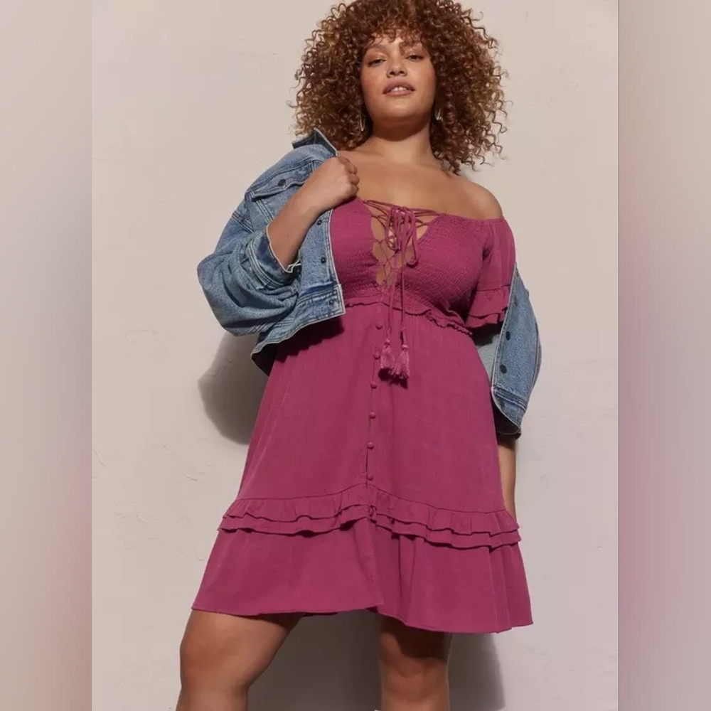 Torrid Festi Mauve Off-Shoulder Smocked Ruffle Lace Up Dress Women's Plus 2X Nwt